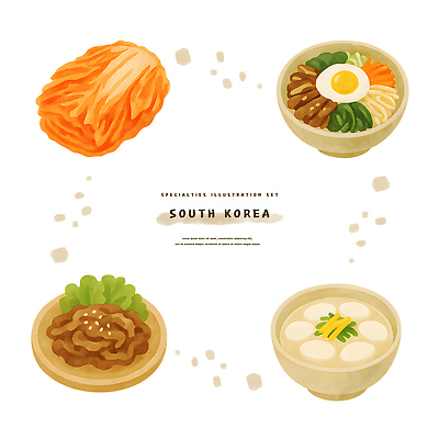PSD 한국전통 그릇 접시 전통문화 스티커 일러스트 수채화 사람없음 세트 오브젝트 비빔밥 배추김치 떡국 불고기 국내일러스트 전통 식기 문화 한식 김치 한국 전통음식 파일형식