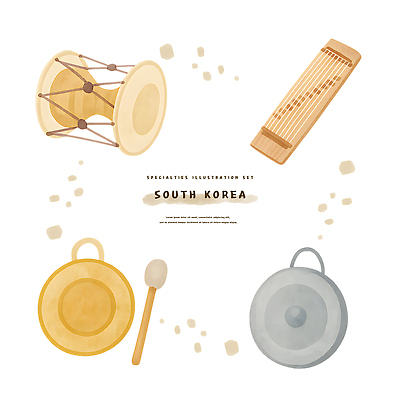 PSD 한국전통 전통문화 스티커 일러스트 수채화 사람없음 세트 오브젝트 장구 가야금 징 꽹과리 꽹과리채 국내일러스트 전통 문화 현악기 타악기 한국 국악기 파일형식