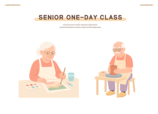 전신 여자 할아버지 노년 남자 할머니 분홍색 의자 일러스트 미소 앉기 상반신 두명 앞치마 잡기 붓 그리기 팔레트 도자기공예 물통 책상 노인만 안경낌 원데이클래스 액티브시니어 국내일러스트 AI파일 안경 컬러 가구 모션 표정 사람 성인 실버라이프 공예 클래스 성인만 파일형식 벡터