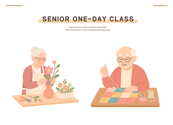 여자 할아버지 노년 남자 할머니 분홍색 일러스트 미소 앉기 상반신 두명 꽃병 잡기 바늘 실 바느질 꽃꽂이 책상 노인만 안경낌 원데이클래스 액티브시니어 국내일러스트 AI파일 꽃 안경 컬러 가구 모션 표정 사람 성인 실버라이프 도구 원예 클래스 성인만 파일형식 벡터