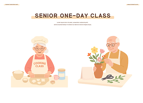 여자 할아버지 노년 남자 할머니 분홍색 일러스트 가위 요리사모자 미소 앉기 상반신 두명 꽃병 앞치마 밀기 꽃꽂이 책상 반죽 제빵 밀대 넣기 노인만 안경낌 원데이클래스 액티브시니어 국내일러스트 AI파일 모자_잡화 꽃 안경 컬러 가구 모션 주방용품 문구용품 표정 사람 성인 실버라이프 제과제빵 요리사 원예 클래스 성인만 파일형식 벡터