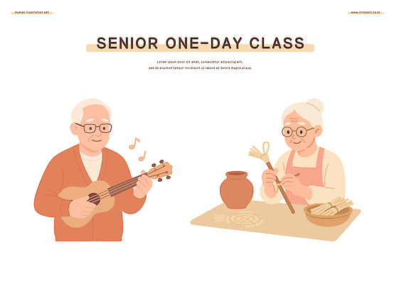 여자 할아버지 노년 남자 할머니 분홍색 연주 음표 일러스트 미소 앉기 상반신 두명 잡기 도자기 우쿨렐레 책상 매듭 매듭공예 노인만 안경낌 원데이클래스 액티브시니어 국내일러스트 AI파일 기호 안경 음악 컬러 가구 모션 현악기 표정 사람 성인 실버라이프 공예 클래스 성인만 파일형식 벡터