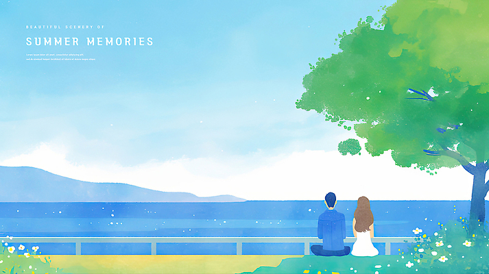 전신 PSD 나무 구름 커플 여자 남자 하늘색 데이트 일러스트 하늘 수채화 사랑 앉기 성인 해변 두명 뒷모습 울타리 여름풍경 풀 추억 성인만 산맥 국내일러스트 자연요소 식물 감정 바다 뷰포인트 컨셉 관계 모션 산 사람 풍경 파란색 담장 파일형식 여름_계절