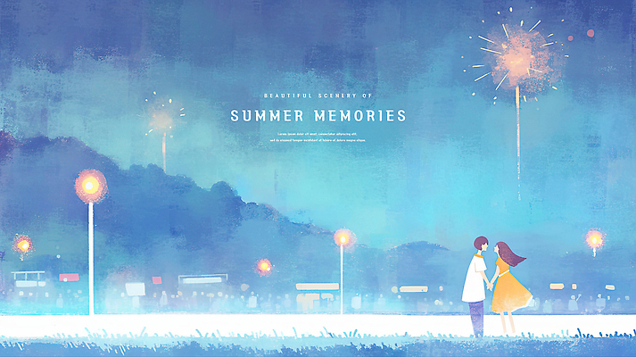 전신 PSD 커플 여자 남자 데이트 일러스트 밤하늘 수채화 산 주택 불꽃놀이 사랑 성인 두명 뒷모습 마주보기 손잡기 여름풍경 추억 여름밤 성인만 국내일러스트 감정 뷰포인트 컨셉 관계 모션 놀이 하늘 사람 풍경 건물 여름 야간 파일형식 여름_계절