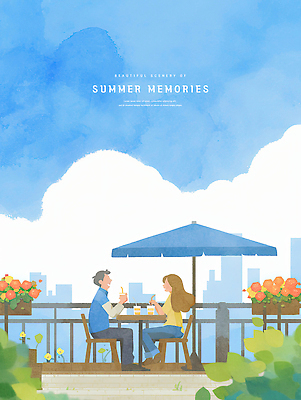 전신 PSD 구름 커플 여자 남자 음료 하늘색 의자 데이트 일러스트 하늘 수채화 대화 사랑 들기 빌딩 성인 두명 울타리 여름풍경 카페 파라솔 추억 화단 야외테이블 성인만 국내일러스트 자연요소 감정 가구 컨셉 관계 모션 탁자 말하기 사람 풍경 건물 파란색 담장 상점 파일형식 여름_계절