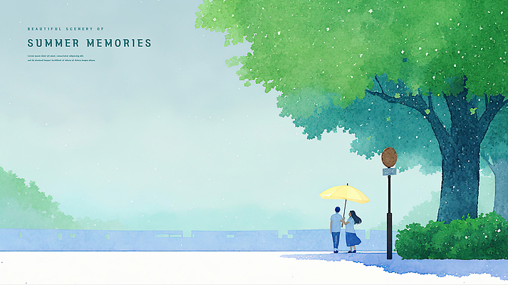 전신 PSD 나무 커플 여자 남자 하늘색 데이트 일러스트 우산 하늘 수채화 사랑 들기 성인 두명 뒷모습 여름풍경 표지판 비 추억 성인만 국내일러스트 자연요소 식물 감정 뷰포인트 컨셉 관계 모션 날씨 알림판 사람 풍경 파란색 파일형식 여름_계절