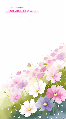 PSD 분홍색 일러스트 수채화 사람없음 꽃봉오리 코스모스 카피스페이스 국내일러스트 꽃 컬러 공백 파일형식