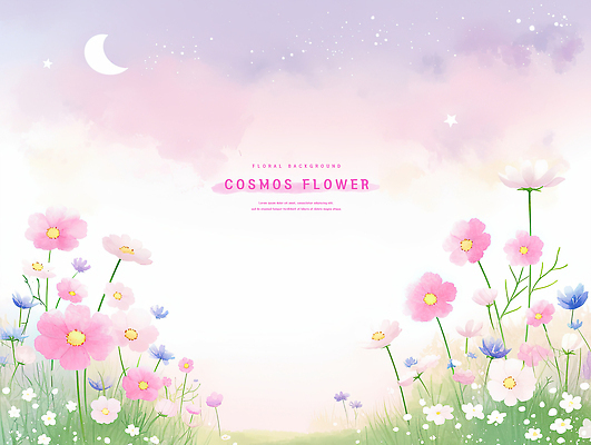 PSD 분홍색 잎 일러스트 밤하늘 수채화 사람없음 초승달 코스모스 국내일러스트 식물 꽃 컬러 하늘 달 야간 파일형식