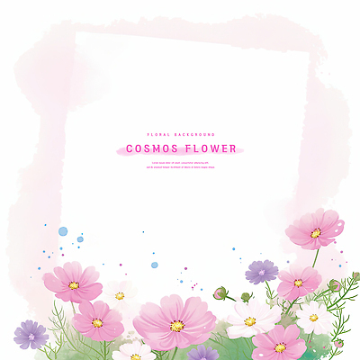 PSD 분홍색 잎 일러스트 수채화 프레임 사람없음 꽃봉오리 코스모스 카피스페이스 국내일러스트 식물 꽃 컬러 공백 파일형식
