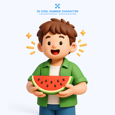 PSD 편집이미지 남자 어린이 3D캐릭터 한명 웃음 들기 소년 상반신 여름 반짝임 3D 시원함 날씨캐릭터 수박조각 소년한명만 편집3D 캐릭터 1 계절 조각 모션 날씨 수박 표정 사람 디지털합성 남자한명만 소년만 파일형식