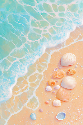 JPG 물결 일러스트 해변 사람없음 모래사장 여름풍경 조개껍데기 물거품 민트색 베이지색 유화 국내일러스트 AI일러스트 AI콘텐츠 바다 컬러 조개 미술 풍경 거품 파일형식 여름_계절
