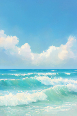 JPG 구름 물결 파도 하늘색 일러스트 하늘 사람없음 여름풍경 물거품 유화 수평선 국내일러스트 AI일러스트 AI콘텐츠 자연요소 바다 미술 풍경 파란색 거품 파일형식 여름_계절