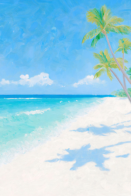 JPG 구름 물결 파도 하늘색 일러스트 하늘 해변 사람없음 모래사장 야자수 여름풍경 물거품 유화 수평선 국내일러스트 AI일러스트 AI콘텐츠 자연요소 나무 바다 미술 풍경 파란색 거품 파일형식 여름_계절