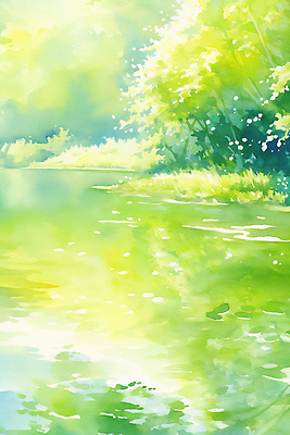 JPG 나무 일러스트 수채화 사람없음 연두색 햇빛 여름풍경 연못 풀 숲속 그늘 시원함 국내일러스트 AI일러스트 AI콘텐츠 식물 풍경 초록색 태양 숲 파일형식 여름_계절
