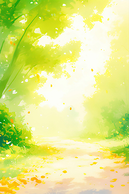 JPG 나무 꽃잎 길 일러스트 수채화 사람없음 연두색 햇빛 여름풍경 풀 숲속 그늘 시원함 국내일러스트 AI일러스트 AI콘텐츠 식물 꽃 풍경 초록색 태양 숲 파일형식 여름_계절