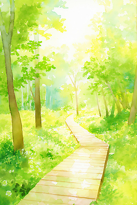 JPG 나무 일러스트 수채화 사람없음 연두색 햇빛 여름풍경 풀 숲속 그늘 시원함 데크 나무길 국내일러스트 AI일러스트 AI콘텐츠 식물 길 풍경 초록색 태양 숲 파일형식 여름_계절