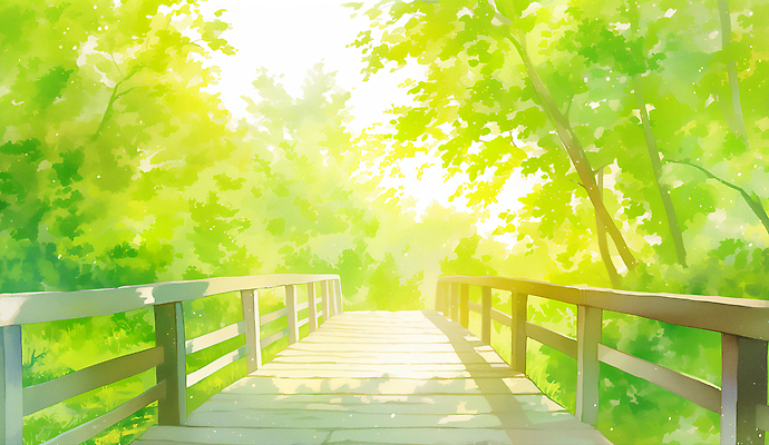 JPG 나무 일러스트 수채화 사람없음 연두색 울타리 햇빛 여름풍경 숲속 그늘 시원함 데크 나무길 국내일러스트 AI일러스트 AI콘텐츠 식물 길 풍경 초록색 담장 태양 숲 파일형식 여름_계절