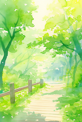JPG 일러스트 수채화 사람없음 연두색 햇빛 여름풍경 숲속 그늘 시원함 국내일러스트 AI일러스트 AI콘텐츠 풍경 초록색 태양 숲 파일형식 여름_계절