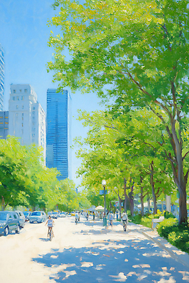 JPG 전신 나무 가로등 일러스트 자동차 하늘 거리 그림자 사람 빌딩 여러명 연두색 자전거 여름풍경 도심 군중 유화 국내일러스트 AI일러스트 AI콘텐츠 식물 공공시설 육상교통 다수 미술 풍경 건물 초록색 바이크 도시 파일형식 여름_계절