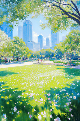 JPG 전신 나무 구름 공원 길 꽃밭 일러스트 하늘 그림자 사람 빌딩 잔디 초원 여러명 연두색 여름풍경 도심 군중 유화 국내일러스트 AI일러스트 AI콘텐츠 자연요소 식물 공공시설 꽃 다수 미술 풍경 건물 초록색 도시 파일형식 여름_계절