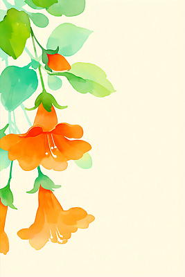 JPG 잎 일러스트 여름꽃 사람없음 주황색 꽃봉오리 능소화 수채화물감 국내일러스트 AI일러스트 AI콘텐츠 식물 꽃 컬러 물감 파일형식 여름_계절