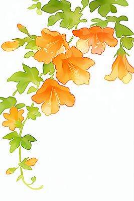 JPG 잎 일러스트 여름꽃 사람없음 연두색 주황색 꽃봉오리 능소화 수채화물감 국내일러스트 AI일러스트 AI콘텐츠 식물 꽃 컬러 초록색 물감 파일형식 여름_계절