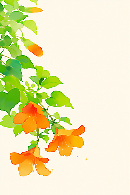 JPG 잎 일러스트 여름꽃 사람없음 연두색 주황색 꽃봉오리 능소화 수채화물감 국내일러스트 AI일러스트 AI콘텐츠 식물 꽃 컬러 초록색 물감 파일형식 여름_계절