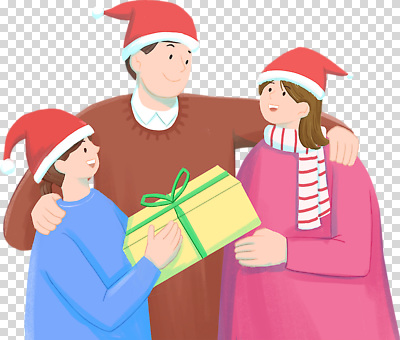 모자_잡화 잡화 남자 어린이 포즈 크리스마스 관계 모션 표정 선물 사람 상자 파일형식 가족 들기 목도리 크리스마스선물 산타모자 어깨동무 어깨에손 선물상자 미소 상반신 세명 여자 소년 성인 편집이미지 PNG 누끼