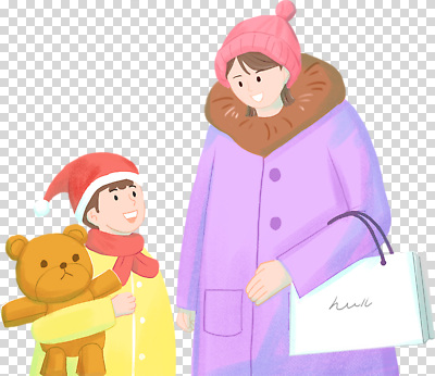 모자_잡화 잡화 남자 아들 어린이 인형 크리스마스 가방 가족 모션 엄마 표정 사람 파일형식 웃음 모자관계 털모자 쇼핑백 곰인형 들기 산타모자 목도리 상반신 두명 여자 소년 성인 편집이미지 PNG 누끼