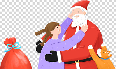 여자 어린이 크리스마스 모션 표정 사람 성인 반려동물 개 파일형식 산타클로스 웃음 강아지 보따리 안기 상반신 두명 남자 노년 소녀 편집이미지 PNG 누끼