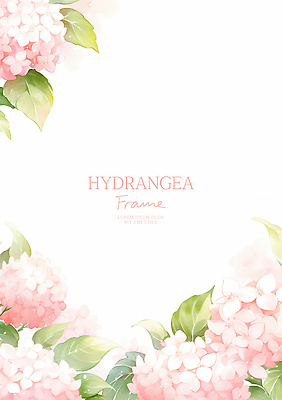 PSD 분홍색 잎 일러스트 여름꽃 수채화 사람없음 수국 꽃프레임 카피스페이스 국내일러스트 식물 꽃 컬러 프레임 공백 파일형식 여름_계절