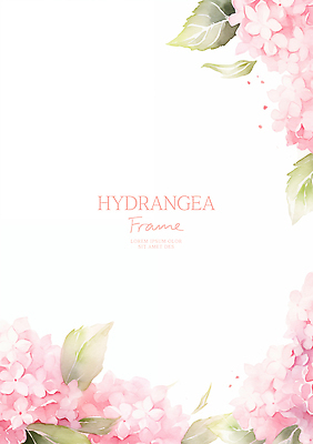 PSD 분홍색 잎 일러스트 여름꽃 수채화 사람없음 수국 꽃프레임 카피스페이스 국내일러스트 식물 꽃 컬러 프레임 공백 파일형식 여름_계절