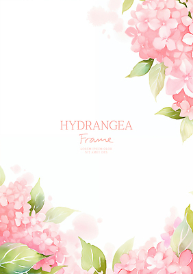 PSD 분홍색 잎 일러스트 여름꽃 수채화 사람없음 수국 꽃프레임 카피스페이스 국내일러스트 식물 꽃 컬러 프레임 공백 파일형식 여름_계절