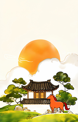 JPG 구름 한국전통 전통문화 일러스트 기와집 잔디 사람없음 태양 돌_바위 소나무 국내일러스트 병오년 붉은말 AI일러스트 AI콘텐츠 자연요소 나무 식물 전통 문화 한옥 한국 말_동물 파일형식 2026년