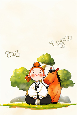 JPG 전신 한국전통 여자 전통문화 일러스트 한명 앉기 잔디 성인 돌_바위 소나무 구름모양 성인여자한명만 국내일러스트 병오년 붉은말 AI일러스트 AI콘텐츠 모양 나무 식물 1 전통 문화 모션 한국 사람 말_동물 여자한명만 성인여자만 파일형식 2026년 구름_자연