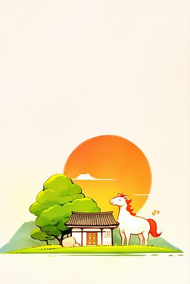 JPG 구름 한국전통 전통문화 일러스트 기와집 잔디 사람없음 태양 돌_바위 소나무 국내일러스트 병오년 붉은말 AI일러스트 AI콘텐츠 자연요소 나무 식물 전통 문화 한옥 한국 말_동물 파일형식 2026년