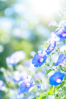 JPG 편집이미지 하늘색 잎 여름꽃 사람없음 햇빛 보케 나팔꽃 편집실사 AI포토 AI콘텐츠 식물 꽃 파란색 태양 CG 파일형식 여름_계절