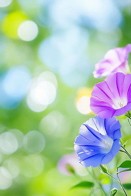 JPG 편집이미지 잎 여름꽃 사람없음 연두색 햇빛 보라색 보케 나팔꽃 편집실사 AI포토 AI콘텐츠 식물 꽃 컬러 초록색 태양 CG 파일형식 여름_계절