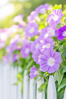 JPG 편집이미지 잎 여름꽃 사람없음 연두색 울타리 햇빛 보라색 보케 나팔꽃 편집실사 AI포토 AI콘텐츠 식물 꽃 컬러 초록색 담장 태양 CG 파일형식 여름_계절