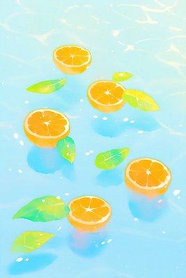 JPG 물결 하늘색 잎 오렌지 일러스트 단면 사람없음 여름 수면 상큼 국내일러스트 AI일러스트 AI콘텐츠 식물 계절 과일 물 파란색 파일형식