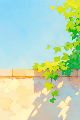 JPG 일러스트 하늘 수채화 그림자 사람없음 여름풍경 담쟁이덩굴 벽돌담 국내일러스트 AI일러스트 AI콘텐츠 벽돌 풍경 담장 덩굴 파일형식 여름_계절
