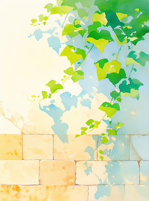 JPG 일러스트 수채화 그림자 사람없음 여름풍경 담쟁이덩굴 벽돌담 국내일러스트 AI일러스트 AI콘텐츠 벽돌 풍경 담장 덩굴 파일형식 여름_계절