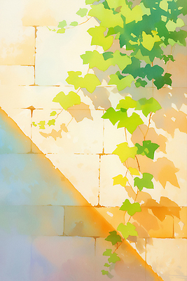 JPG 일러스트 수채화 그림자 사람없음 여름풍경 담쟁이덩굴 벽돌담 국내일러스트 AI일러스트 AI콘텐츠 벽돌 풍경 담장 덩굴 파일형식 여름_계절