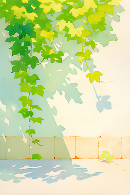 JPG 일러스트 하늘 수채화 바닥 그림자 사람없음 여름풍경 담쟁이덩굴 벽돌담 국내일러스트 AI일러스트 AI콘텐츠 벽돌 풍경 담장 덩굴 파일형식 여름_계절