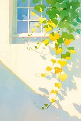 JPG 일러스트 창문 하늘 수채화 그림자 사람없음 여름풍경 담쟁이덩굴 벽돌담 국내일러스트 AI일러스트 AI콘텐츠 벽돌 풍경 담장 덩굴 파일형식 여름_계절