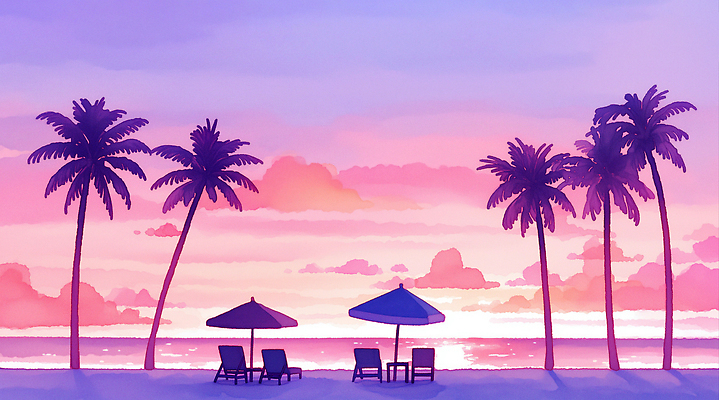 JPG 구름 일러스트 하늘 해변 사람없음 야자수 노을 보라색 여름풍경 낭만 파라솔 휴양지 선베드 감성 윤슬 국내일러스트 AI일러스트 AI콘텐츠 자연요소 나무 물결 바다 컬러 컨셉 의자 풍경 장소 파일형식 여름_계절