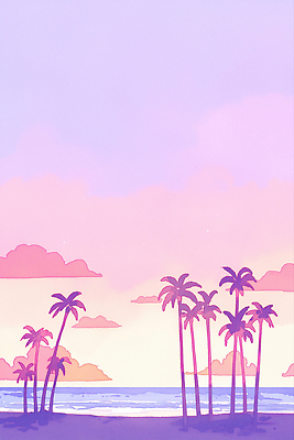 JPG 구름 일러스트 하늘 해변 사람없음 야자수 노을 보라색 여름풍경 낭만 휴양지 감성 국내일러스트 AI일러스트 AI콘텐츠 자연요소 나무 바다 컬러 컨셉 풍경 장소 파일형식 여름_계절