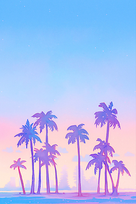 JPG 구름 하늘색 일러스트 하늘 해변 사람없음 야자수 노을 보라색 여름풍경 낭만 휴양지 감성 국내일러스트 AI일러스트 AI콘텐츠 자연요소 나무 바다 컬러 컨셉 풍경 파란색 장소 파일형식 여름_계절