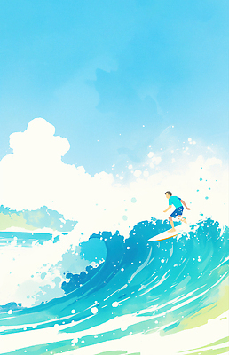 JPG 전신 구름 남자 수영복 일러스트 하늘 한명 성인 파란색 여름풍경 서핑보드 서핑 튀는물 성인남자한명만 국내일러스트 AI일러스트 AI콘텐츠 자연요소 1 옷 컬러 사람 풍경 수상스포츠 보드_스포츠 액체표현 스플래쉬 남자한명만 성인남자만 파일형식 여름_계절