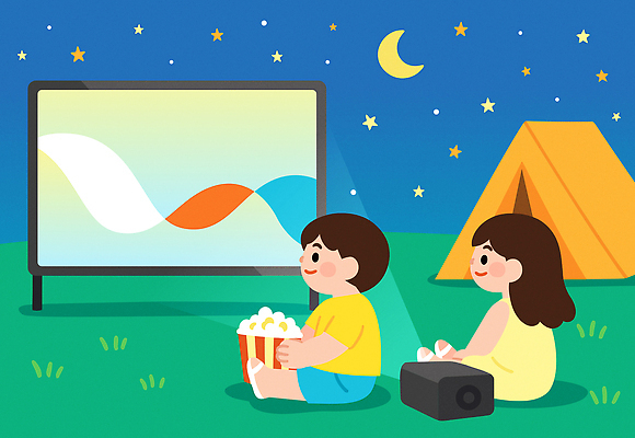 전신 여자 남자 별 일러스트 밤하늘 아웃도어 텐트 미소 앉기 잔디 성인 두명 스크린 캠핑 초승달 즐거움 팝콘 영화감상 프로젝터 성인만 국내일러스트 AI파일 자연요소 식물 감정 모션 하늘 레저 표정 캠핑도구 사람 감상 달 야간 영화 파일형식 벡터